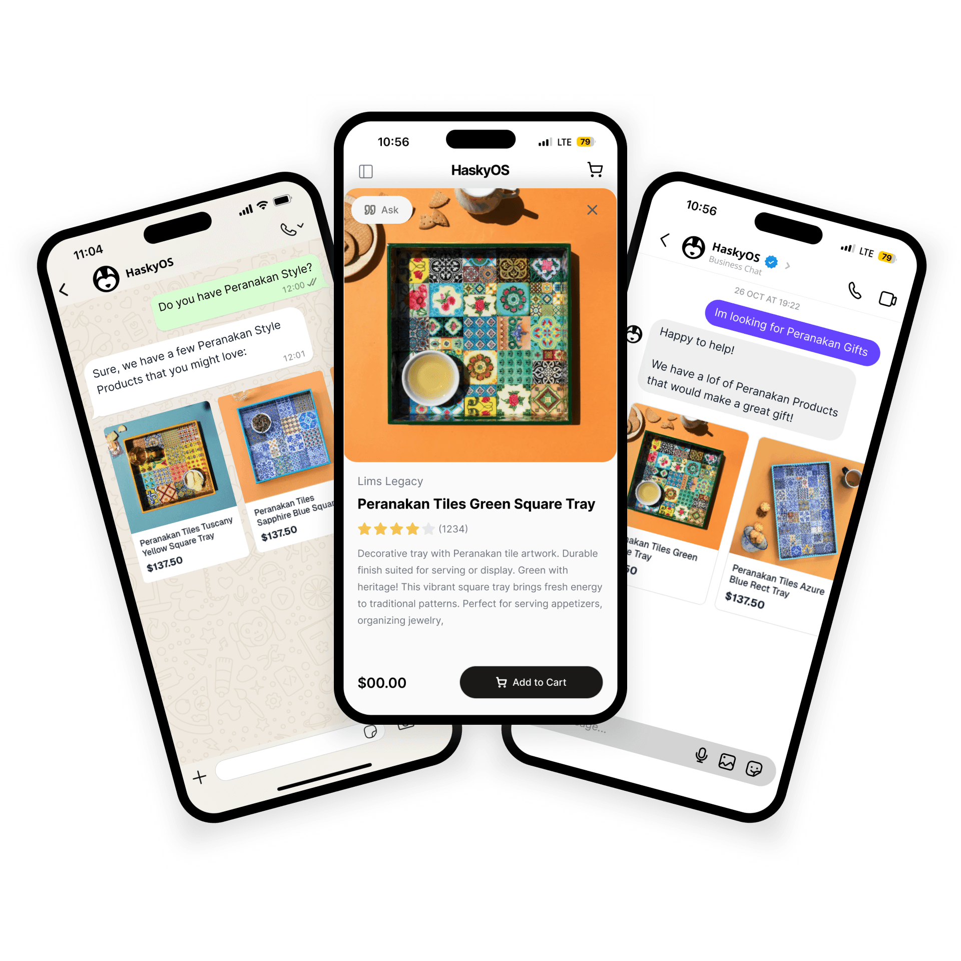 HaskyOS mobile app showing Peranakan tiles product in chat interface